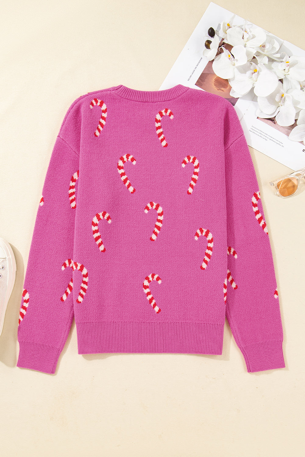 Sachet Pink Christmas Candy Cane Holiday Drop Shoulder Sweater