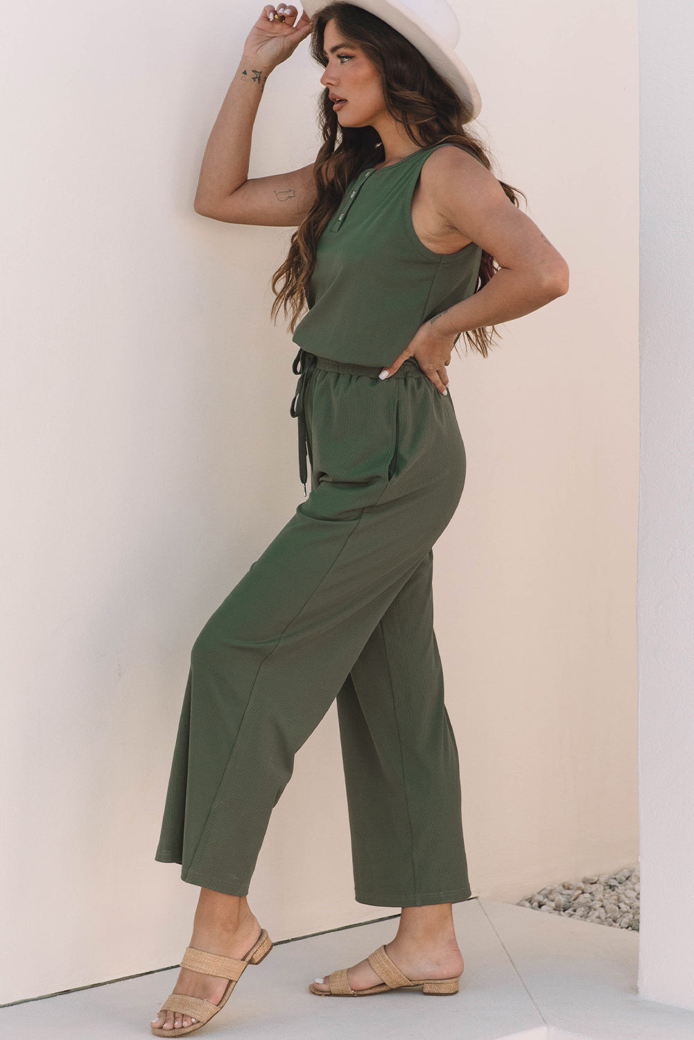 Vineyard Green Buttoned Drawstring Elastic Waistband Sleeveless Wide Leg Jumpsuit