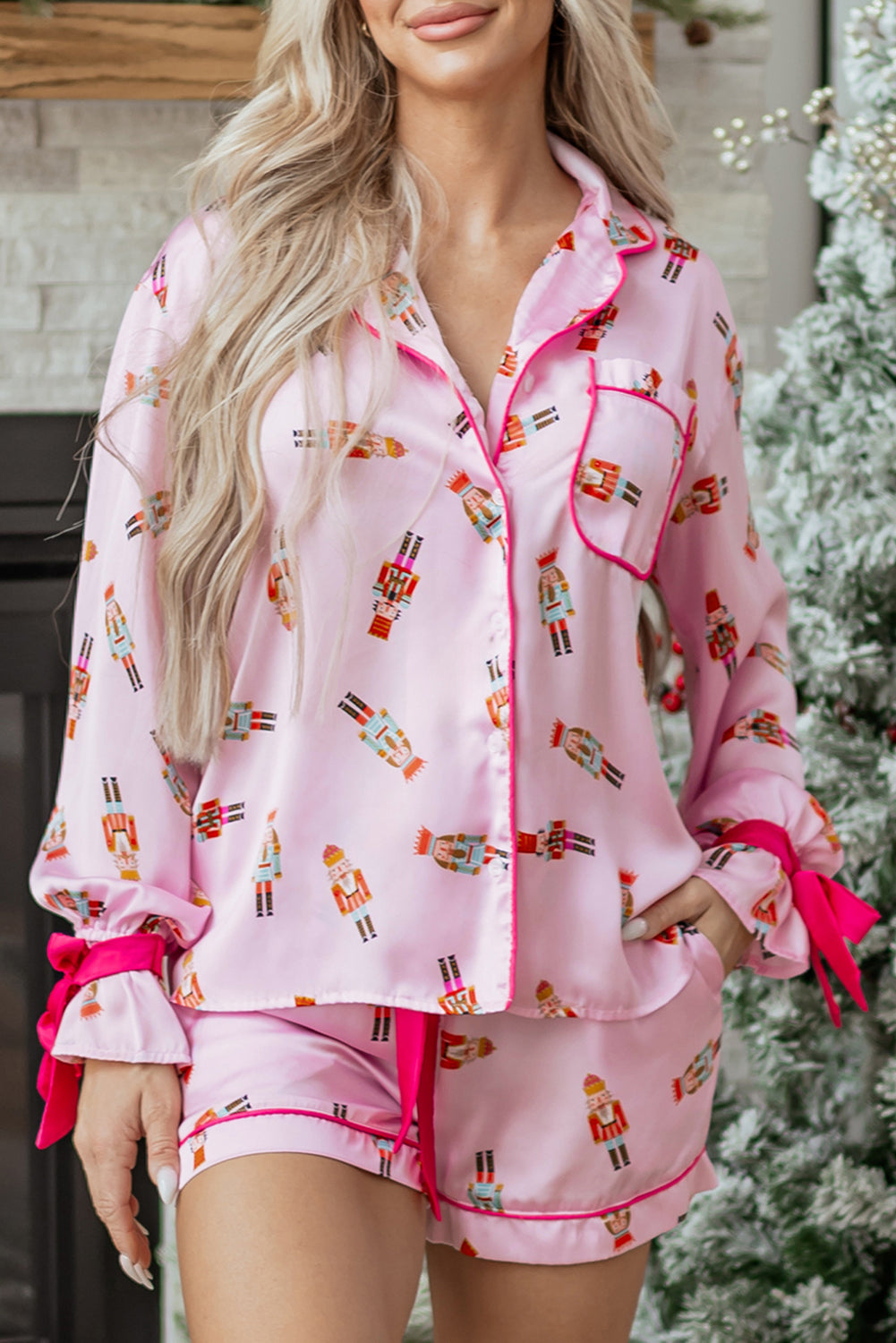 Pink Nutcracker Print Contrast Trim Tied up Bow Silky 2pcs Pajama Set