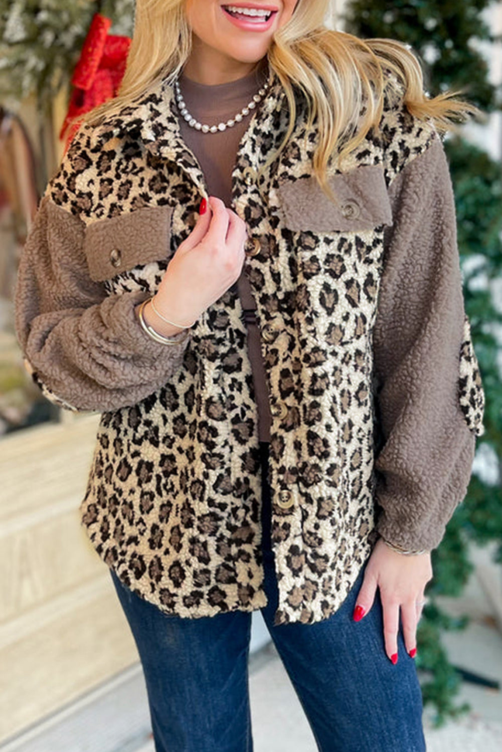 Brown Sherpa Leopard Print Flap Pocket Collared Button Up Jacket