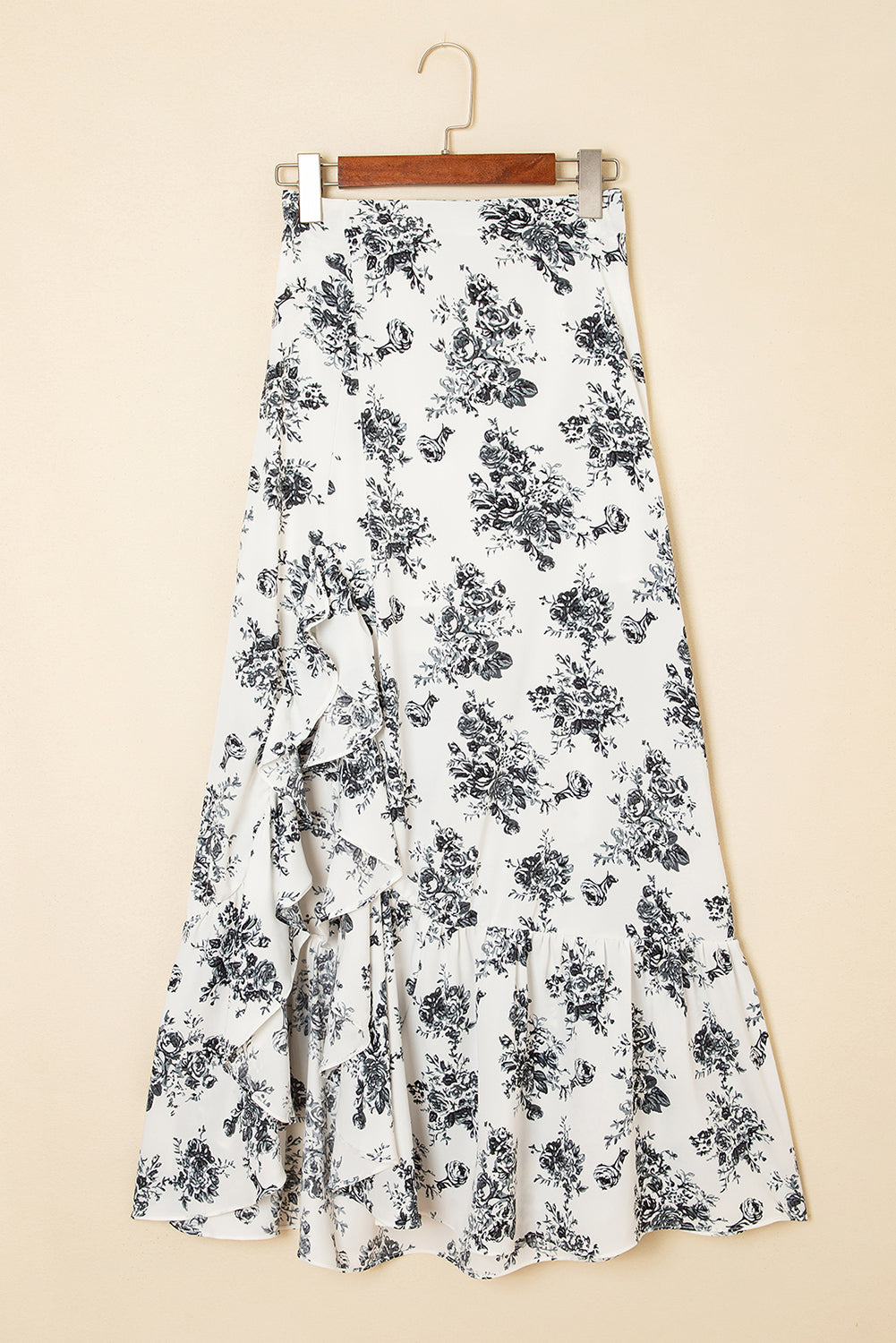 Black Boho Floral High Waist Ruffle Split Maxi Skirt