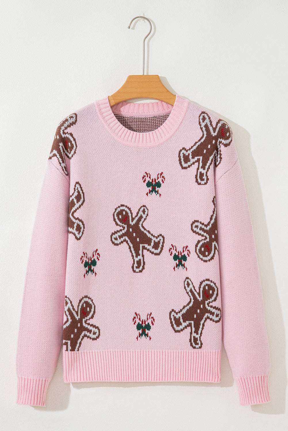 Pink Christmas Ginger Bread Man Print Round Neck Casual Sweater