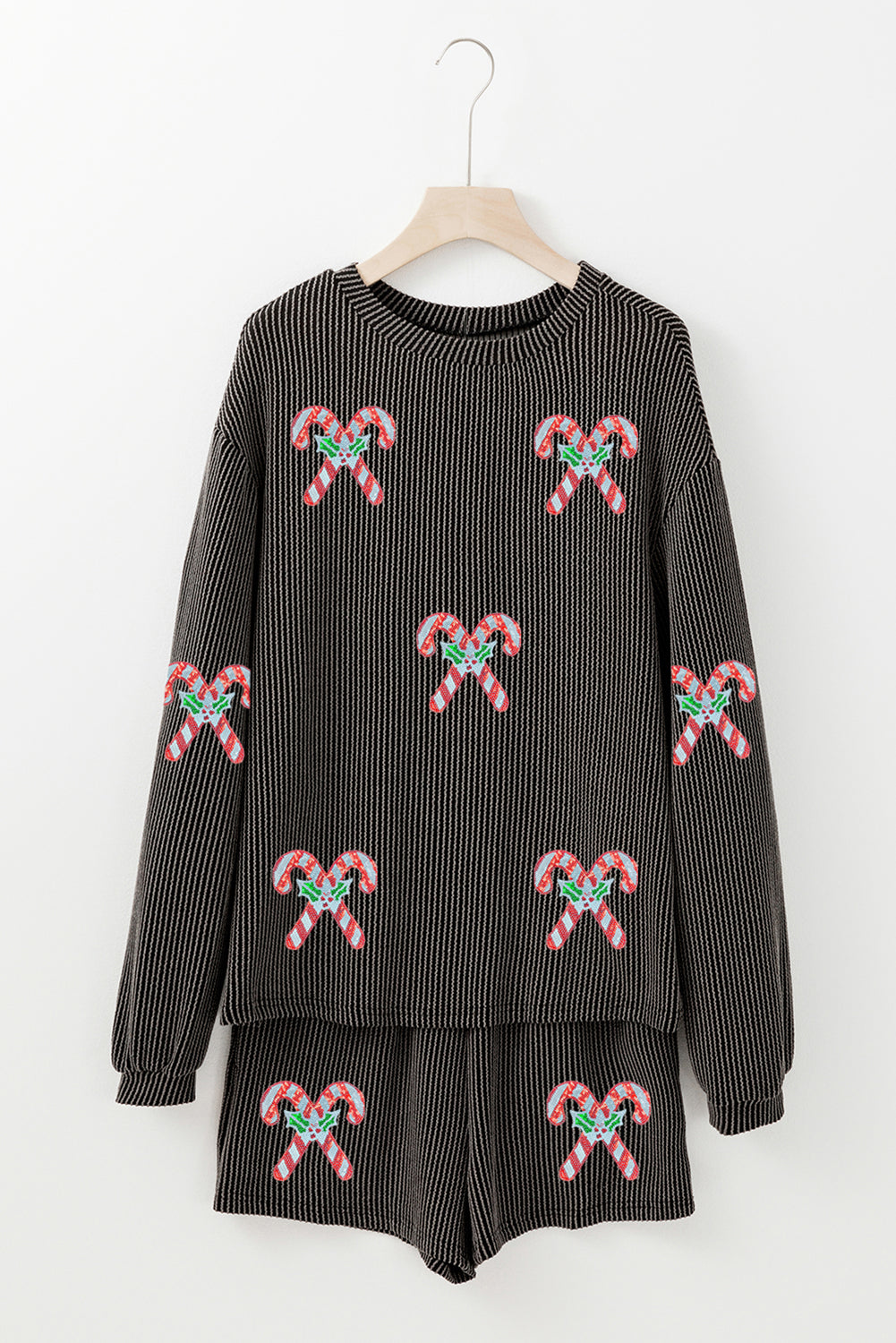 Carbon Grey Twisted Ribbed Sequin Holly Candy Cane Long Sleeve Top and Shorts 2pcs Outfit