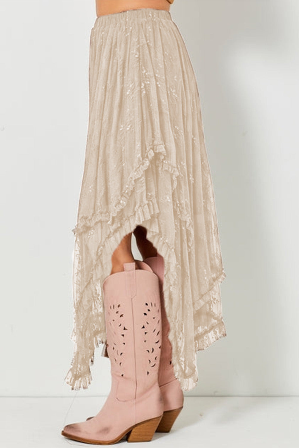 Apricot Lace Cascading Tiered High Waist Maxi Skirt