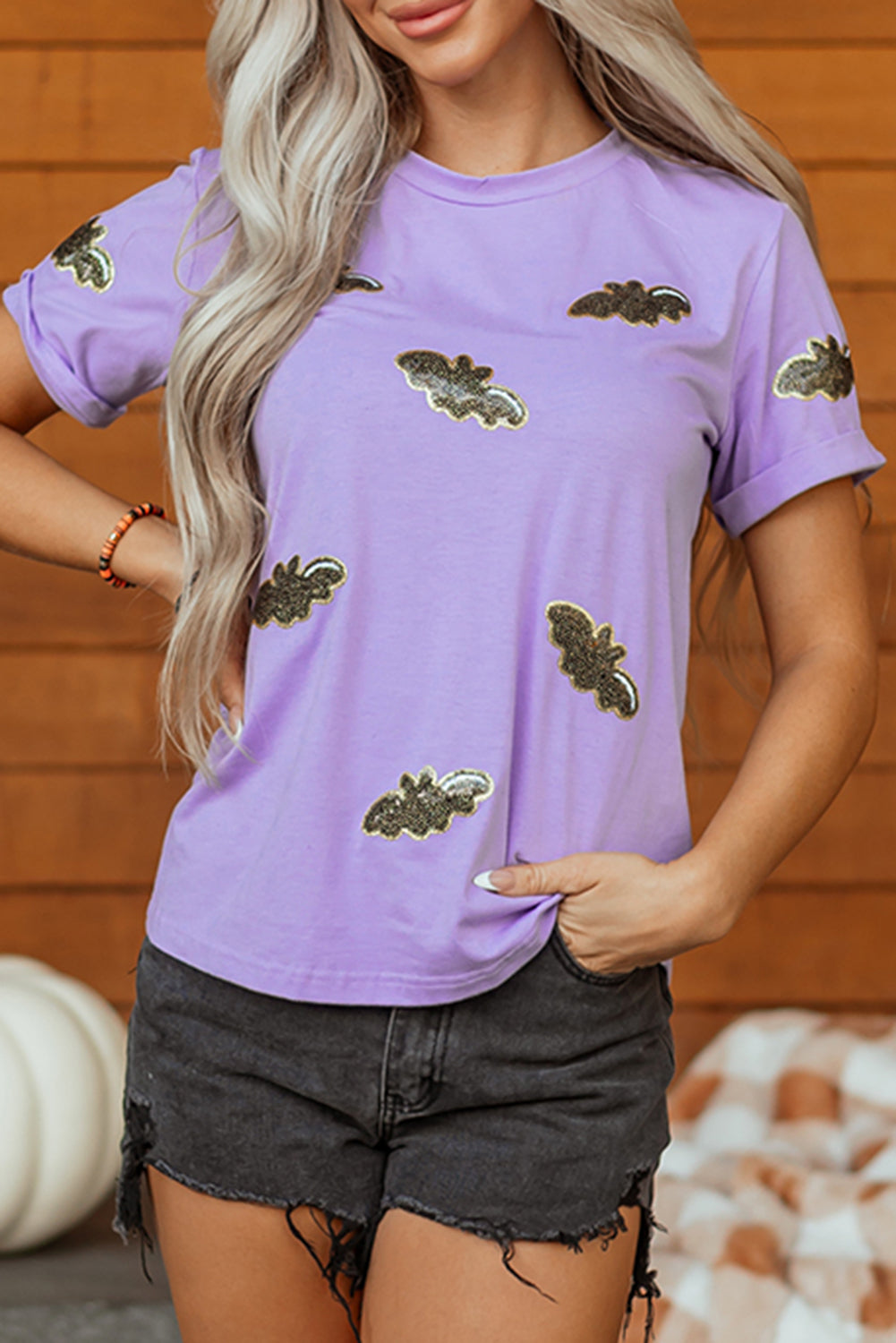Wisteria Sequin Halloween Bat Patched Casual T Shirt