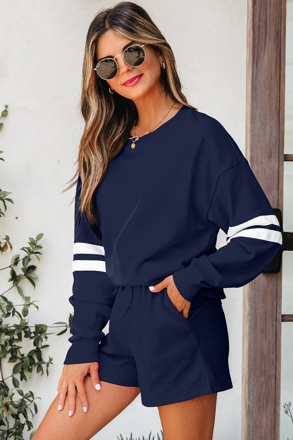 Navy Blue Varsity Striped Sleeve Drop Shoulder Sweatshirt and Short Set