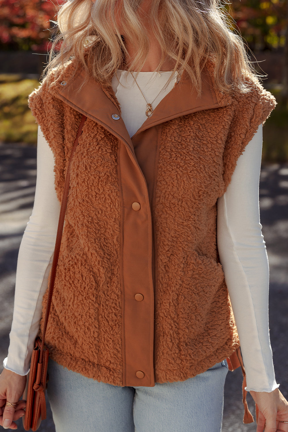 Cinnamon Faux Fur Snap Button Front Knot Side Plush Vest with Pockets