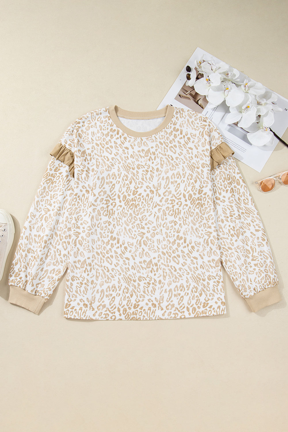 Khaki Plus Size Ruffled Arm Leopard Sweatshirt