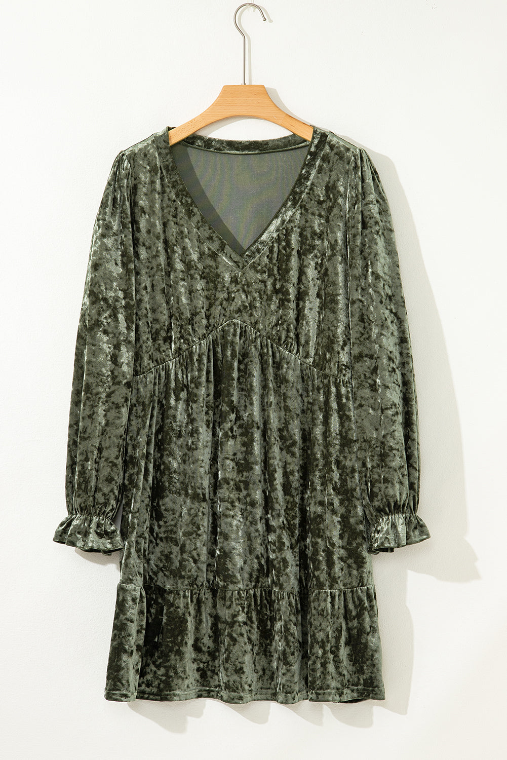 Jungle Green Plus Size Velvet Babydoll Mini Dress with Puff Sleeve