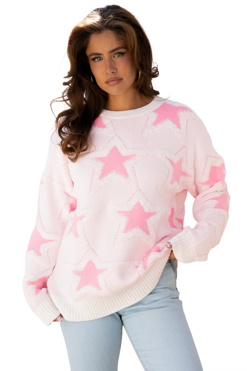 Sachet Pink Oversized Cute Star Pattern Ribbed Edge Drop Shoulder Sweater