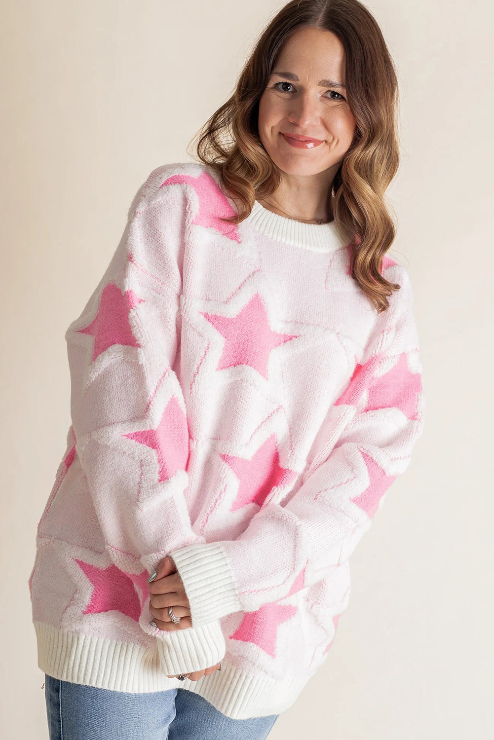Sachet Pink Oversized Cute Star Pattern Ribbed Edge Drop Shoulder Sweater
