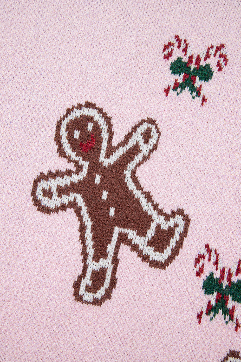 Pink Christmas Ginger Bread Man Print Round Neck Casual Sweater
