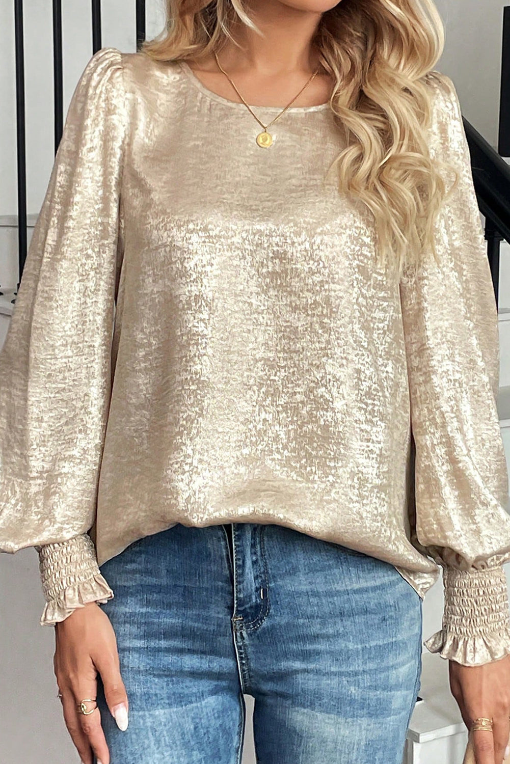 Apricot Metallic Round Neck Smocked Long Sleeve Blouse