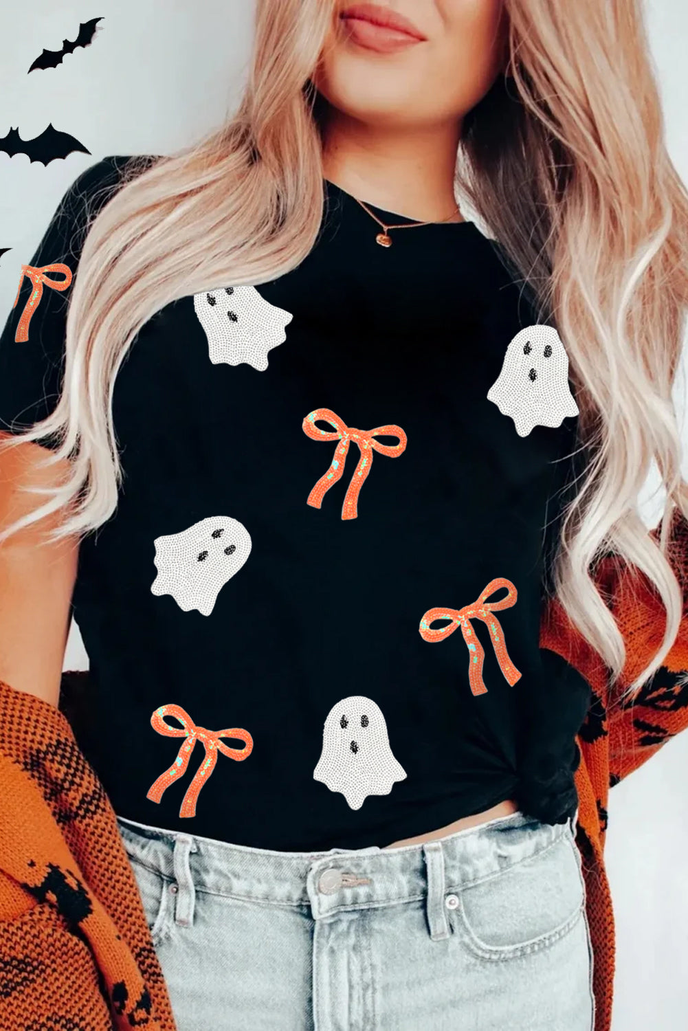 Black Sequin Bow Ghost Patched Halloween Graphic Tee