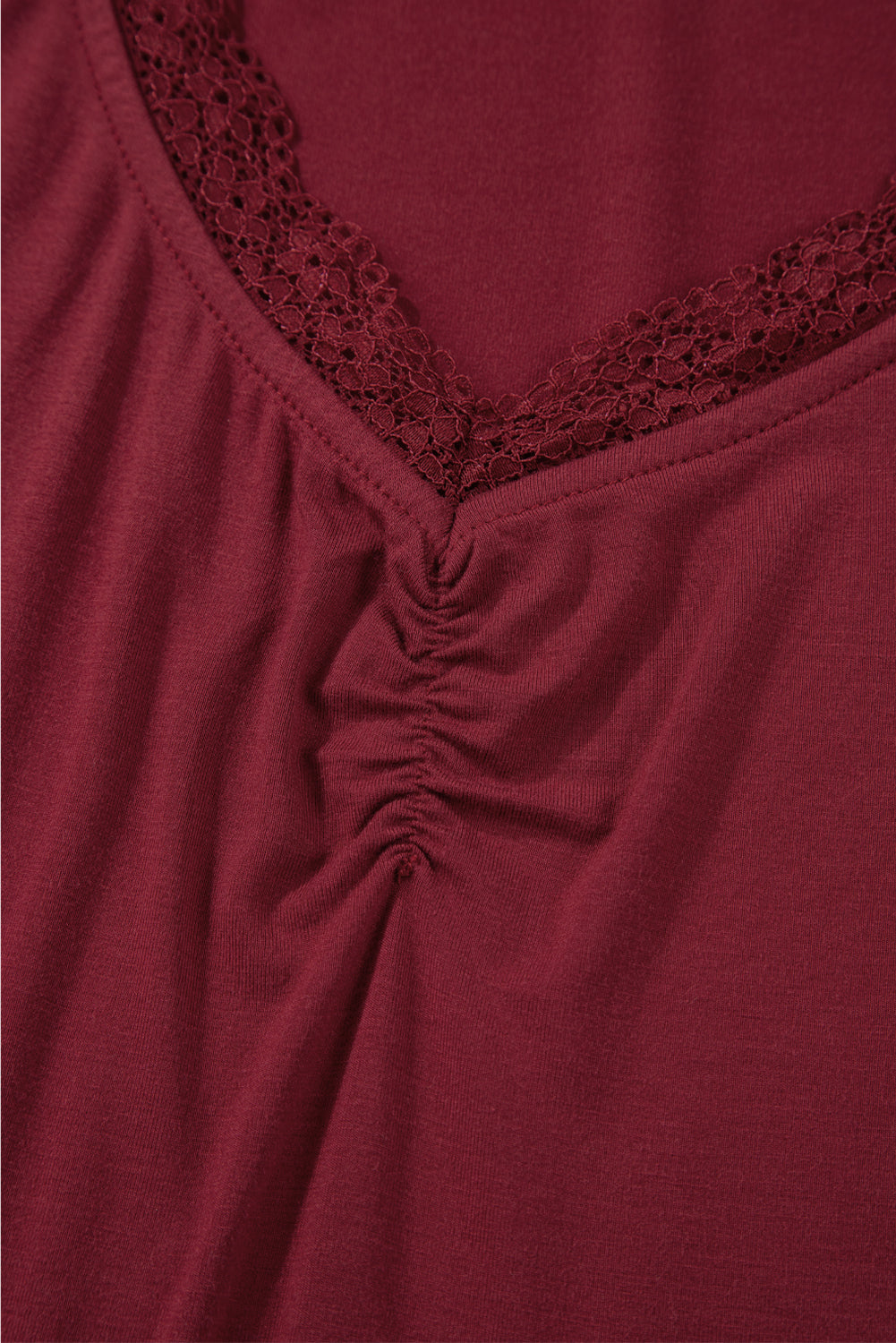 Red Dahlia Lace-trimmed Sweetheart Neckline Ruched Detail Long Sleeve T-shirt