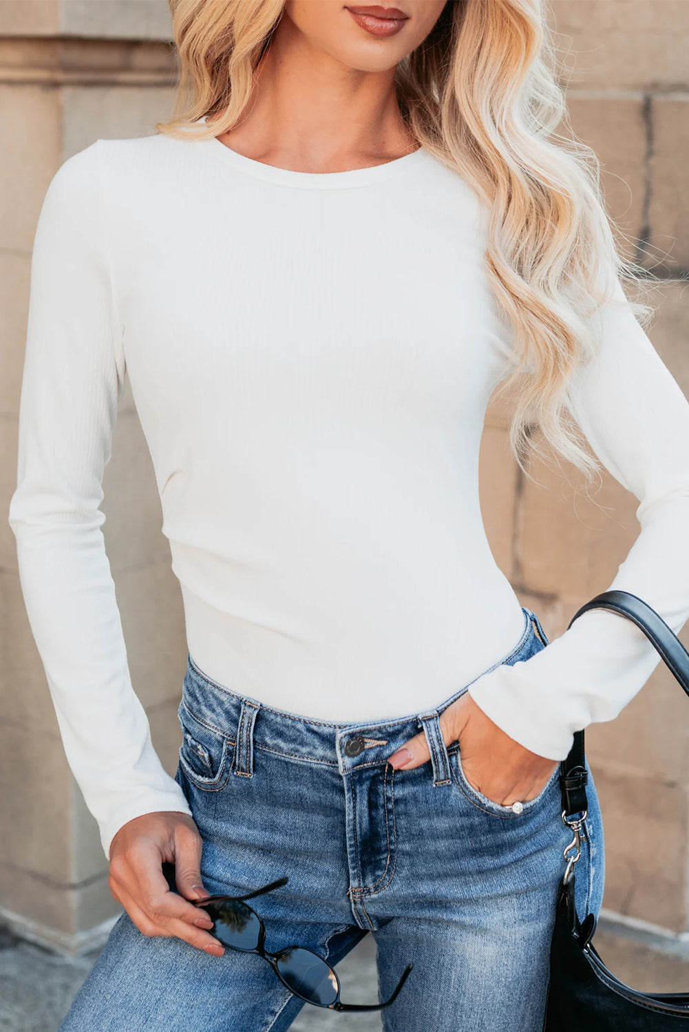 White Ribbed Long Sleeve Crew Neck Solid Color Bodysuit