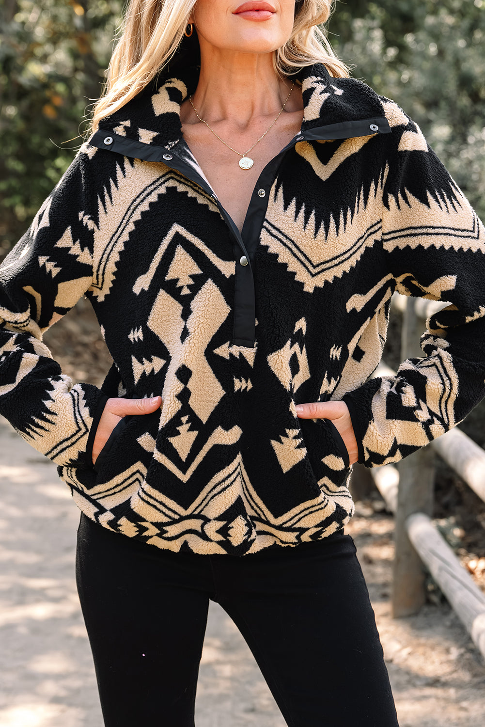 Black Western Aztec Half Zip Plush Sweatshirt