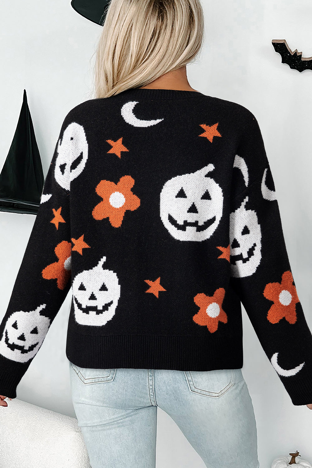 Black Halloween Mythical Night Pattern Drop Shoulder Sweater