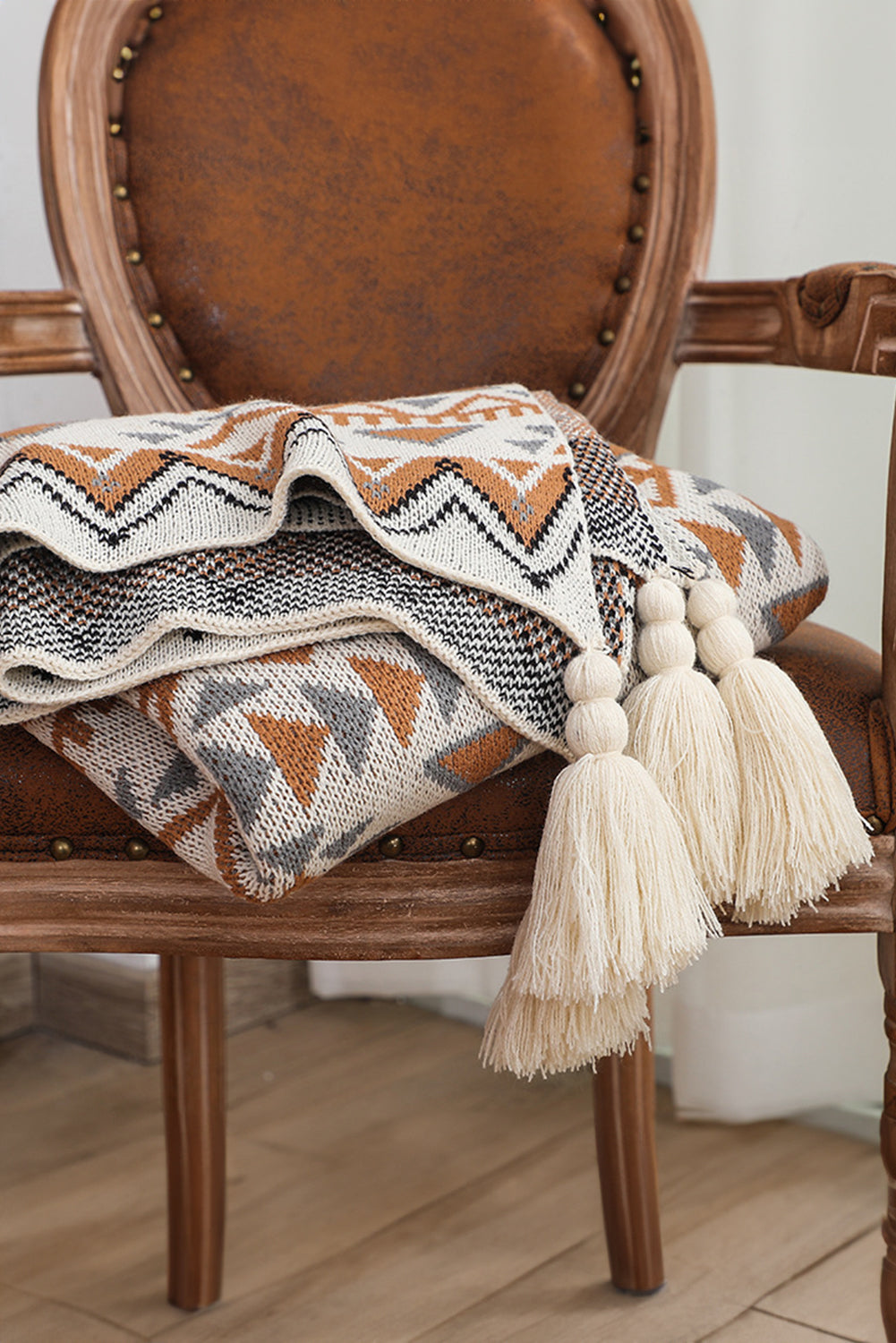 Parchment Geometric Pattern Knit Bohemian Tassel Blanket