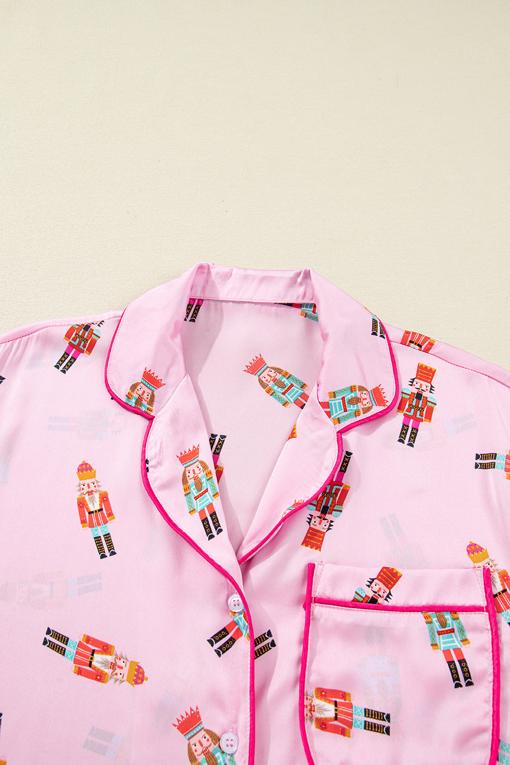 Pink Nutcracker Print Contrast Trim Tied up Bow Silky 2pcs Pajama Set