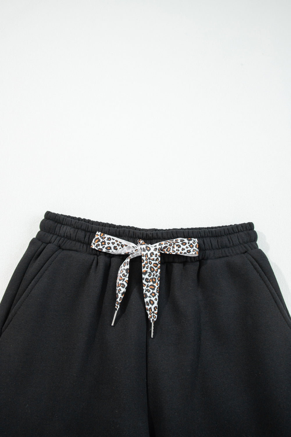 Black Fleece Lined Leopard Drawstring Elastic Waist Solid Pants