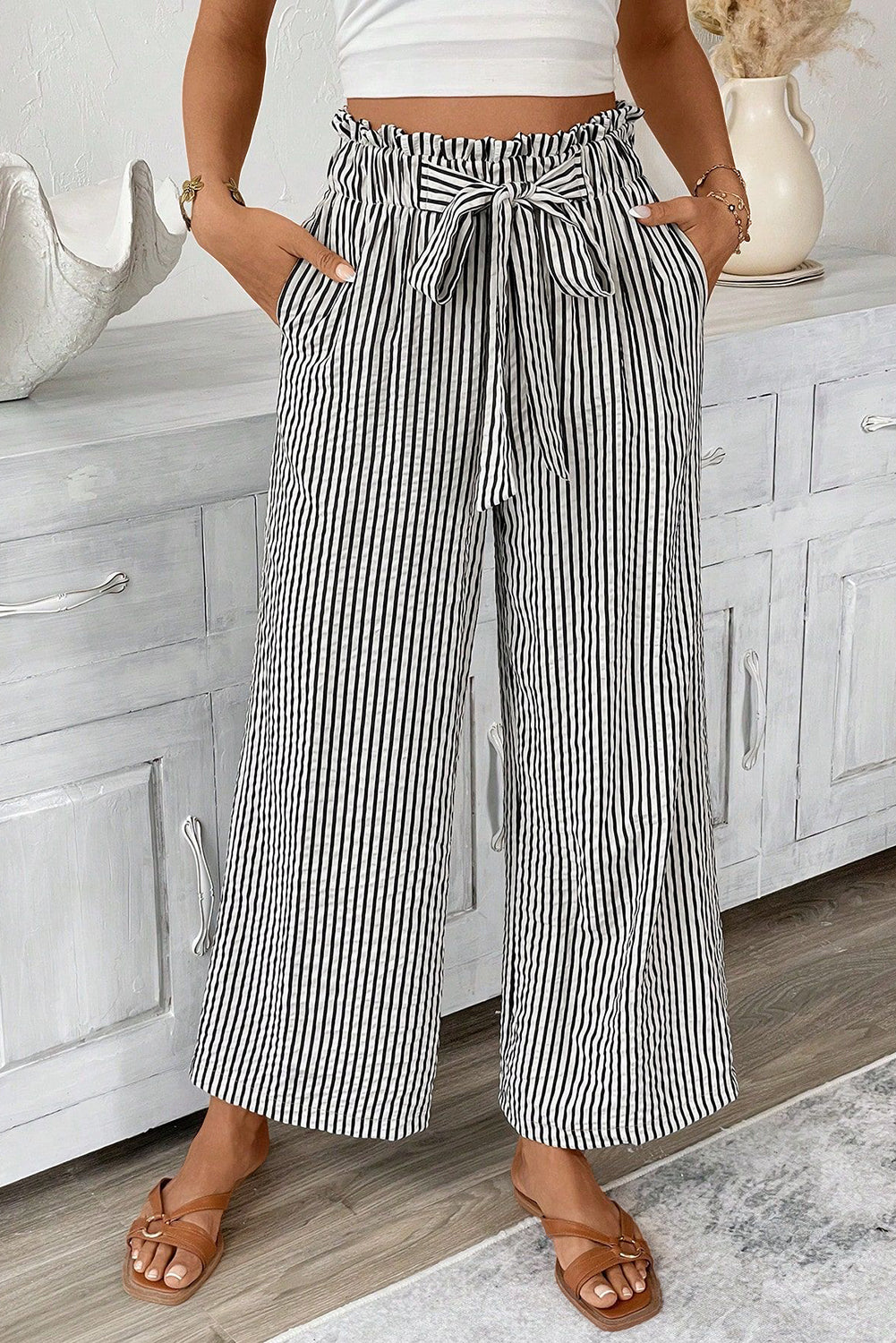 Black Stripe Tied High Waist Loose Straight Casual Pants