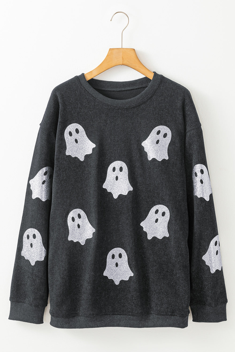 Black Halloween Ghost Corded Crew Neck Loose Sweatshirt