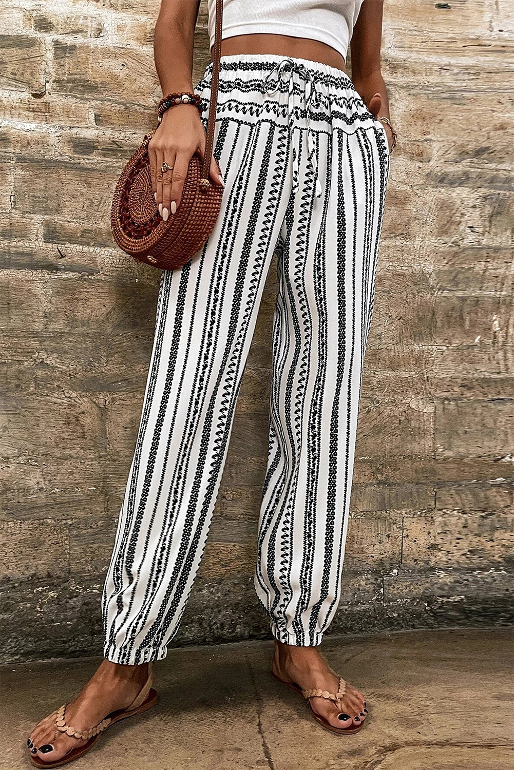 Black Stripe Boho Print Drawstring Elastic Waistband Casual Joggers