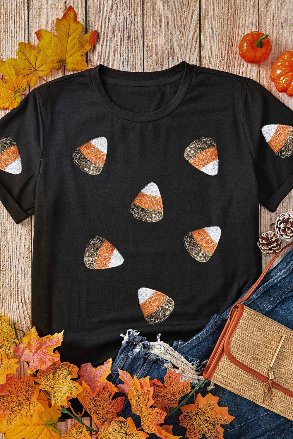 Black Sequin Candy Patched Pattern Halloween T Shirt