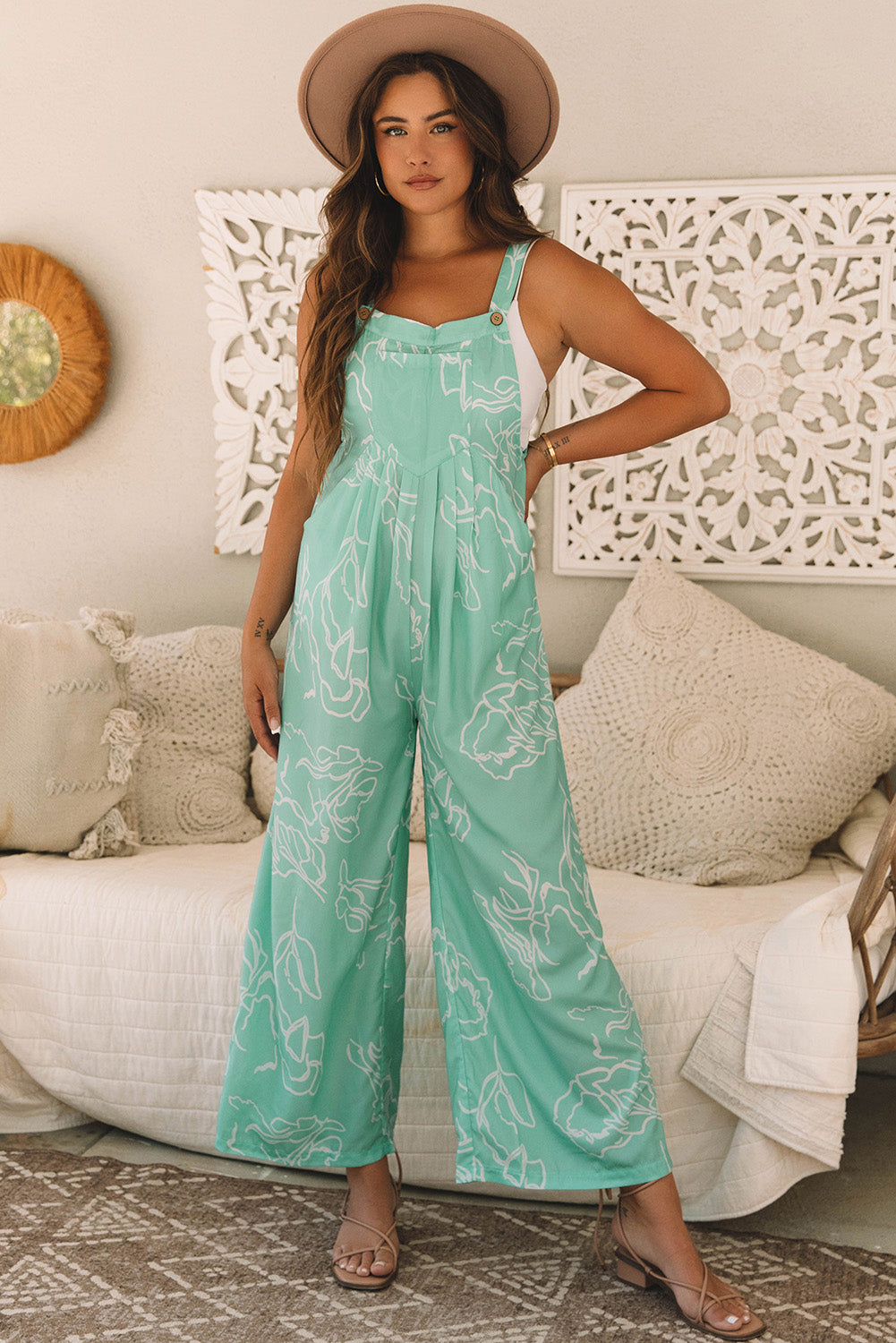Moonlight Jade Printed Bib Wide Leg Overall