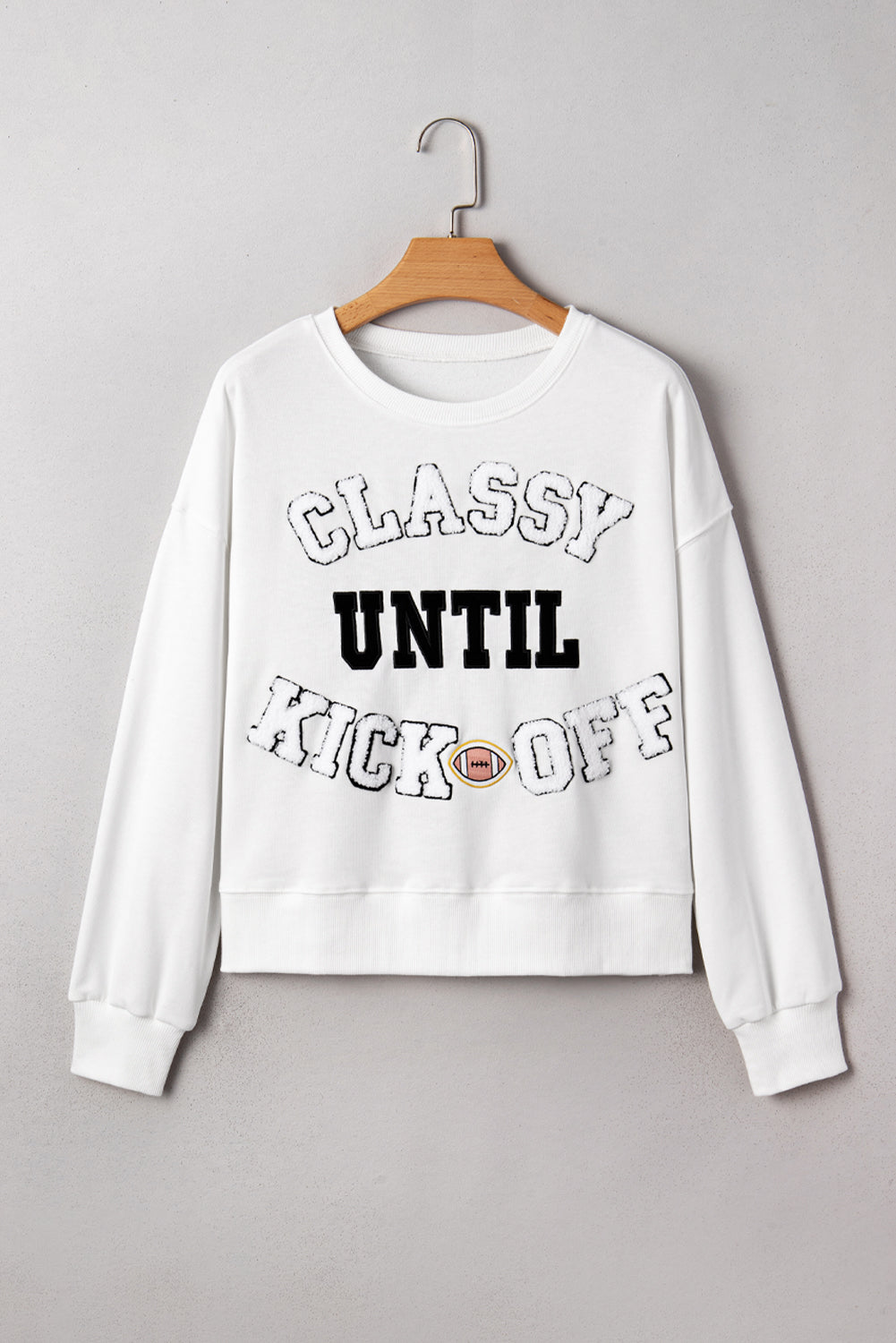 White CLASSY UNTIL KICKOFF Plush Letter Patched Loose Sweatshirt