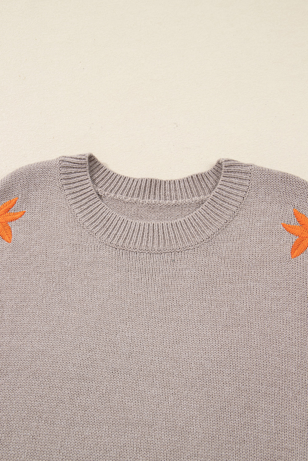 Simply Taupe Embroidered Floral Sleeve Round Neck Loose Sweater