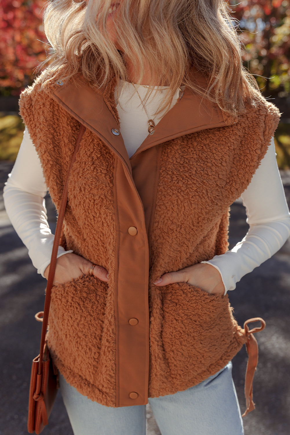 Cinnamon Faux Fur Snap Button Front Knot Side Plush Vest with Pockets
