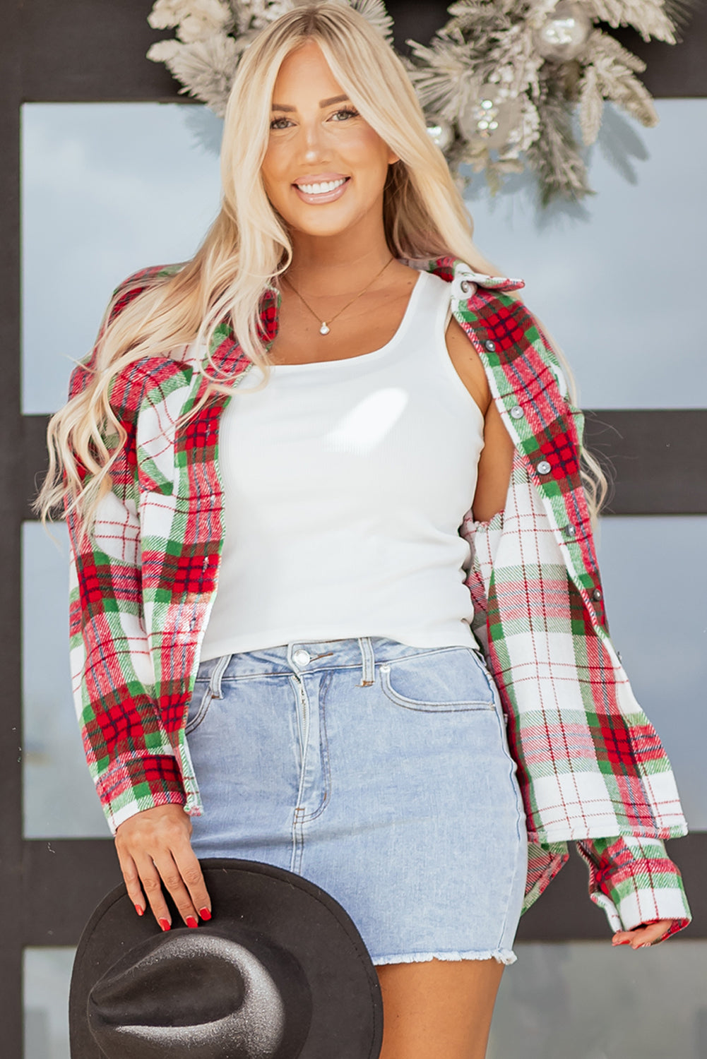 Red Christmas Plaid Casual Flannel Shacket