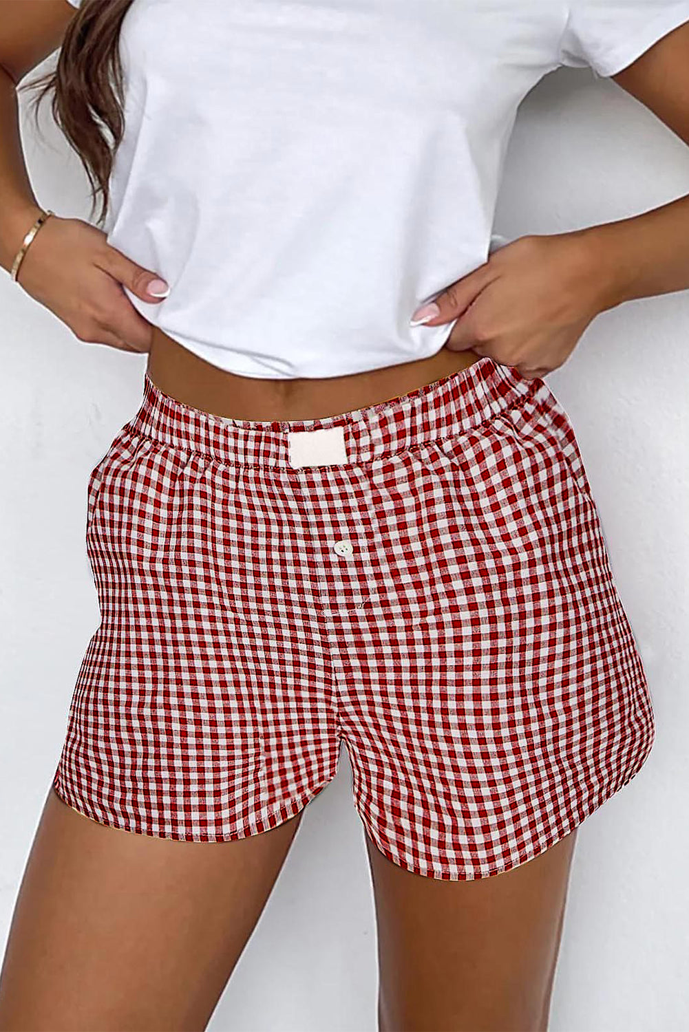 Red Gingham Printed High Waist Shorts