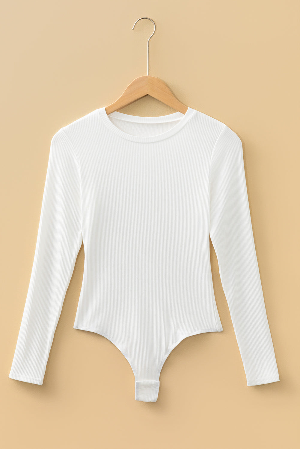 White Ribbed Long Sleeve Crew Neck Solid Color Bodysuit