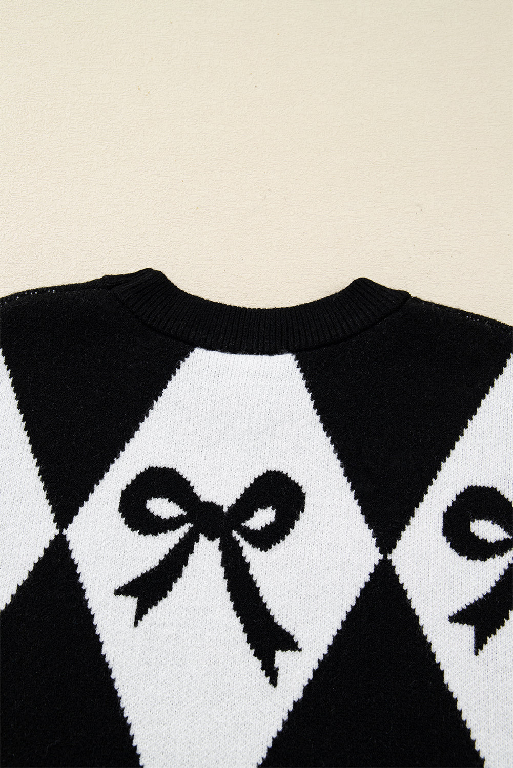 Black Bow Print 2-tone Rhombus Knit Loose Sweater