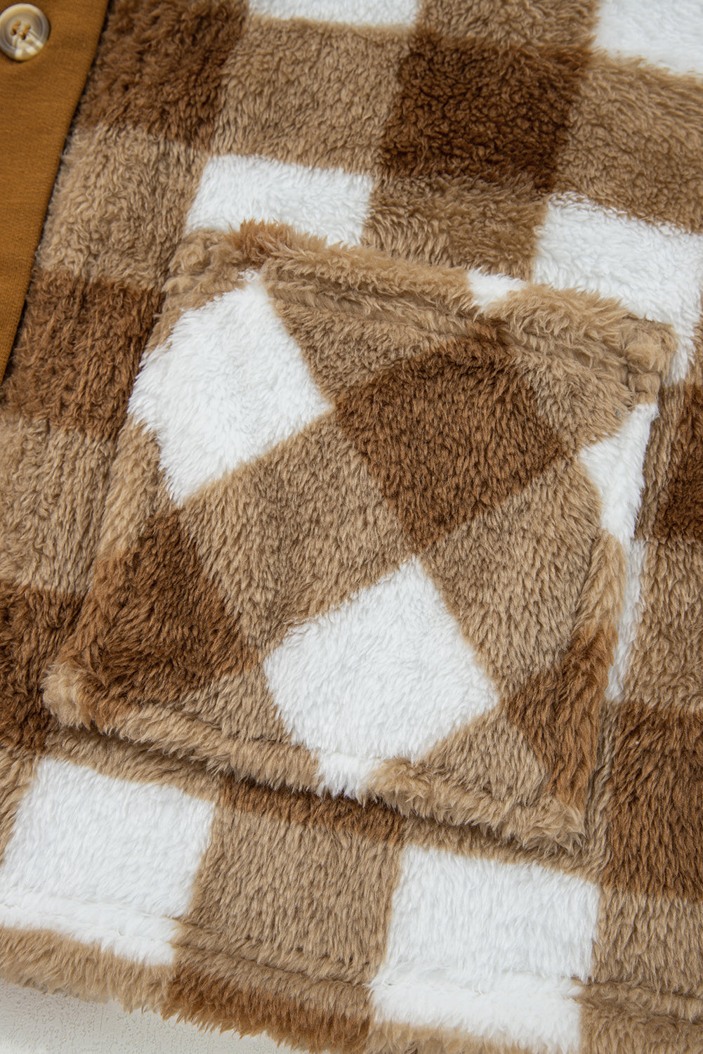 Brown Checkered Sherpa Loose Knit Cardigan with Pockets