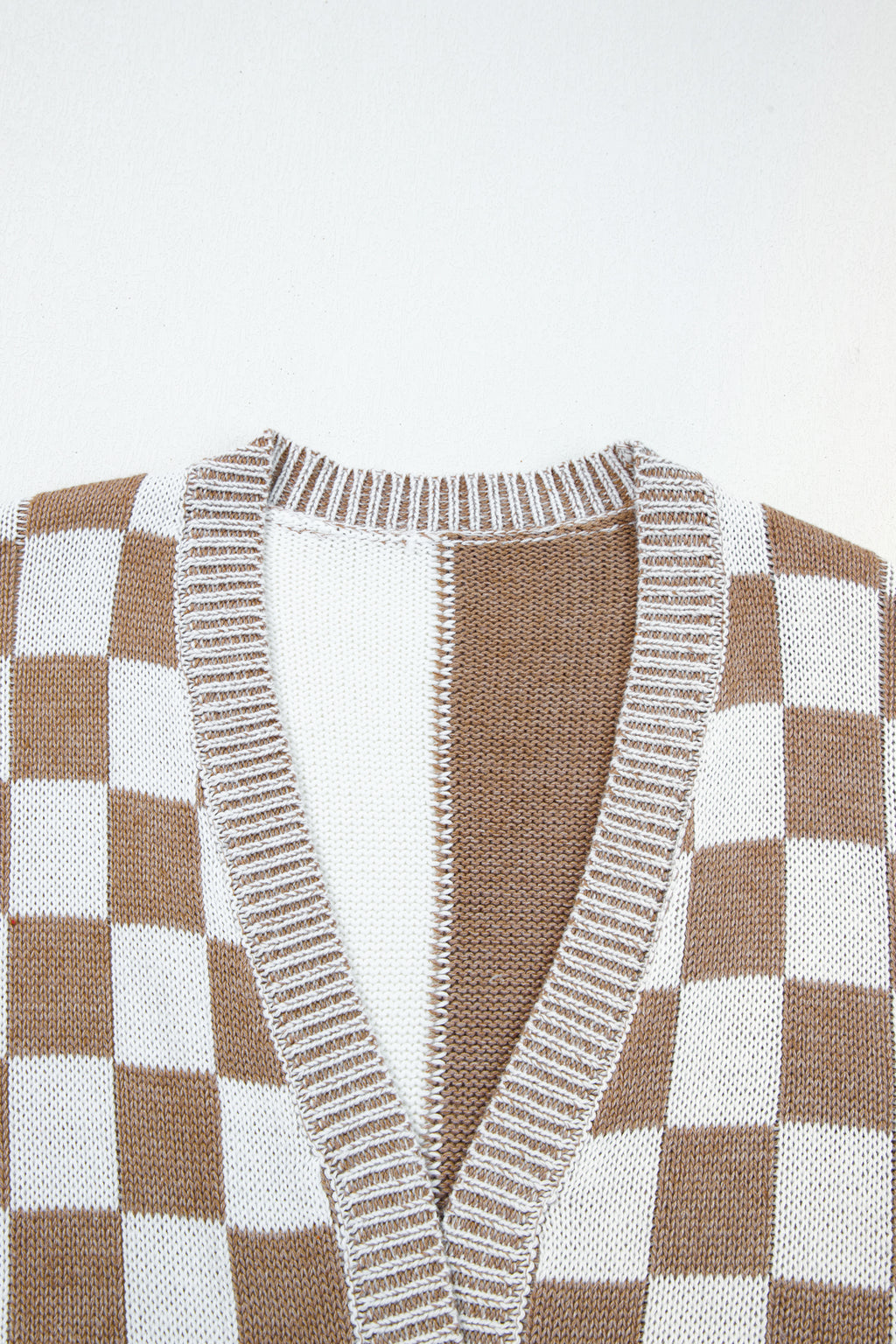 Brown Checkered Bubble Sleeve Drop Shoulder Open Cardigan