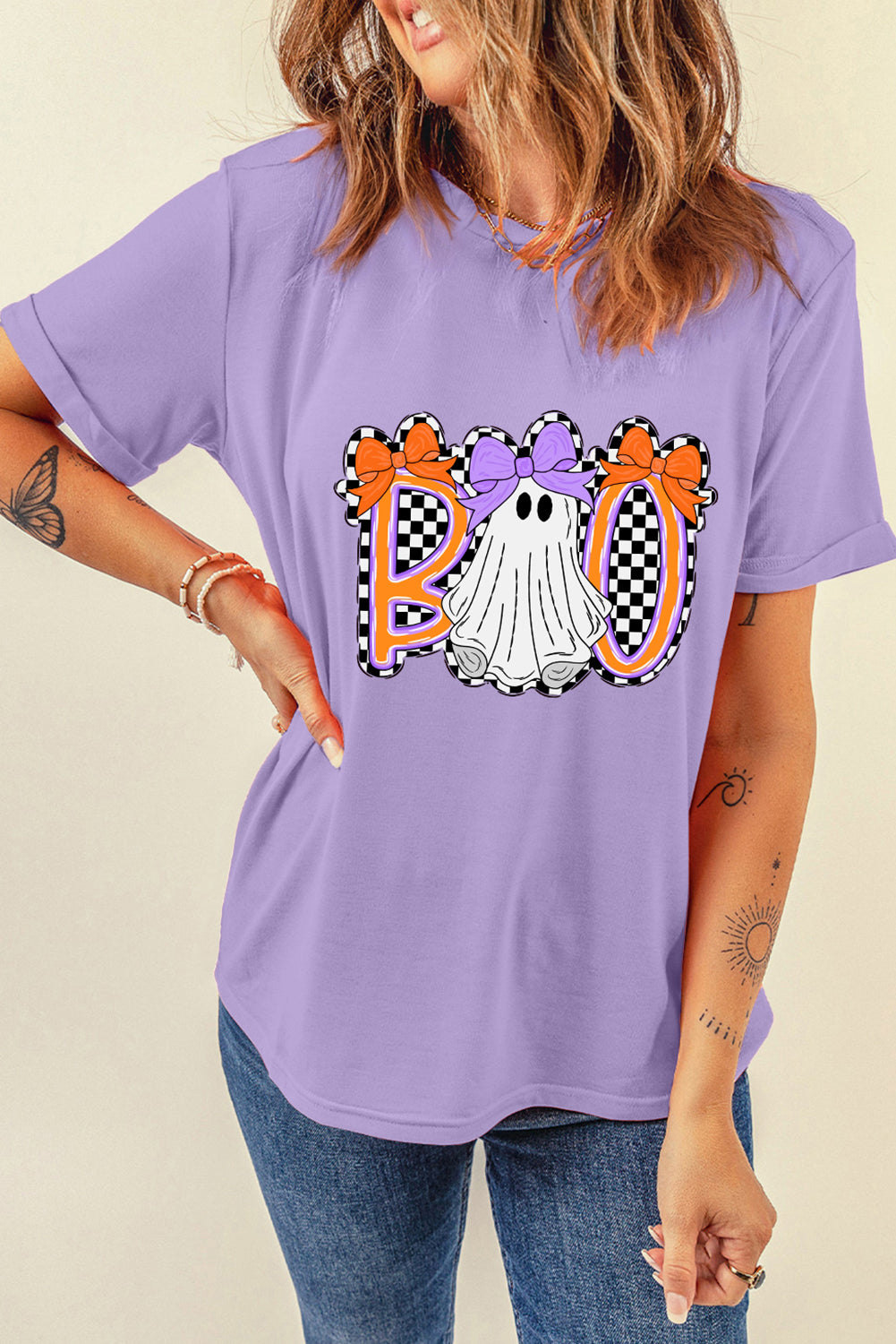 Wisteria Boo Checkered Bow Ghost Halloween Graphic Tee