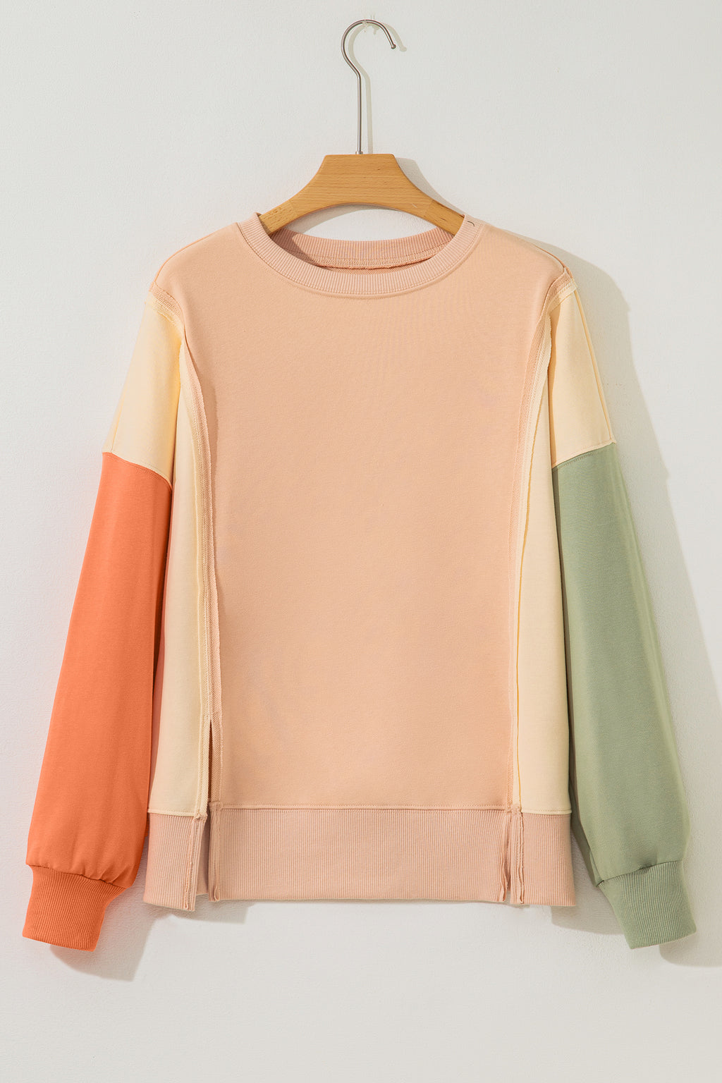 Beige Color Block Patchwork Split Hem Casual Sweatshirt
