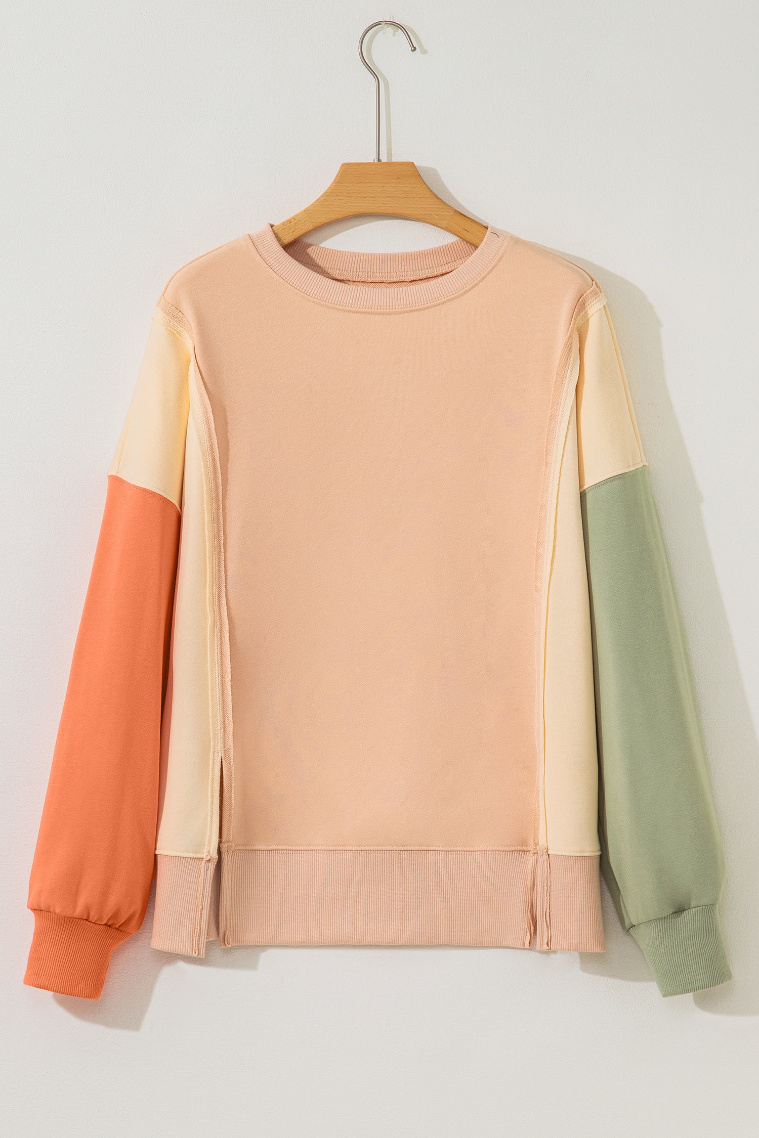 Beige Color Block Patchwork Split Hem Casual Sweatshirt
