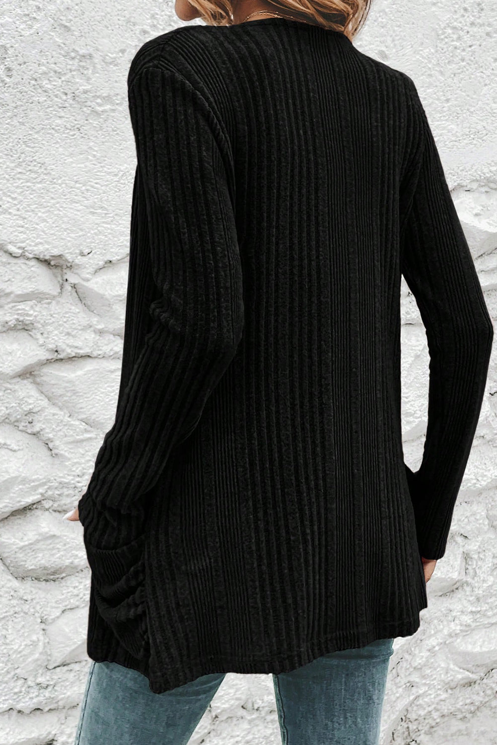 Black Ribbed Open Front Knitted Top with Pockets