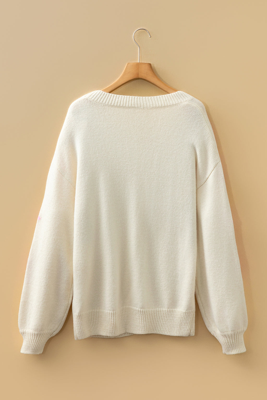 Beige Embroidered Floral Sleeve Round Neck Loose Sweater