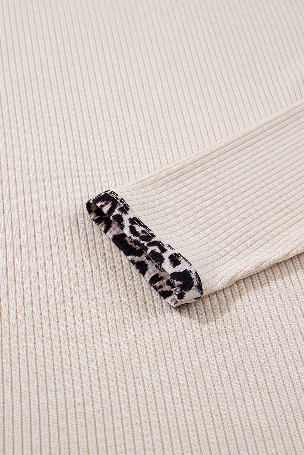 Parchment Ribbed Contrast Leopard Edge Round Neck Plus Knit Top