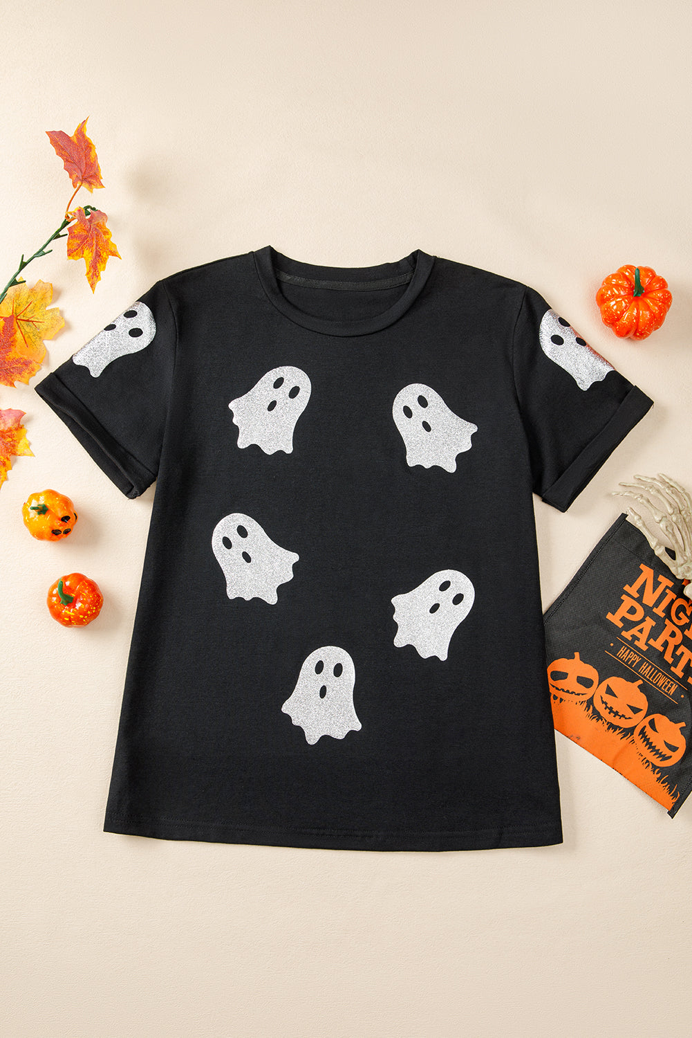 Black Glitter Ghost Pattern Crew Neck Halloween T Shirt