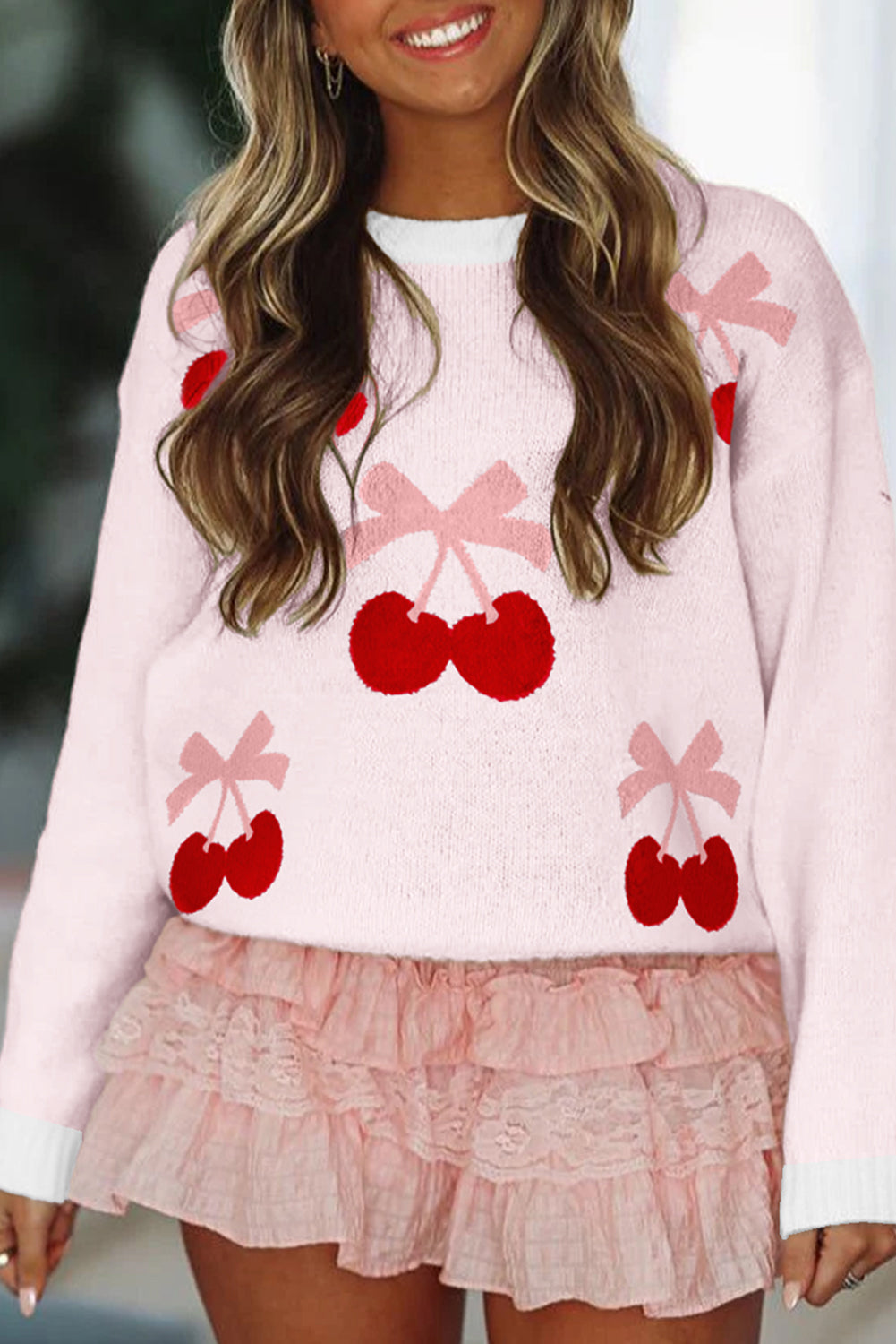 White Cherry Pattern Drop Shoulder Sweater