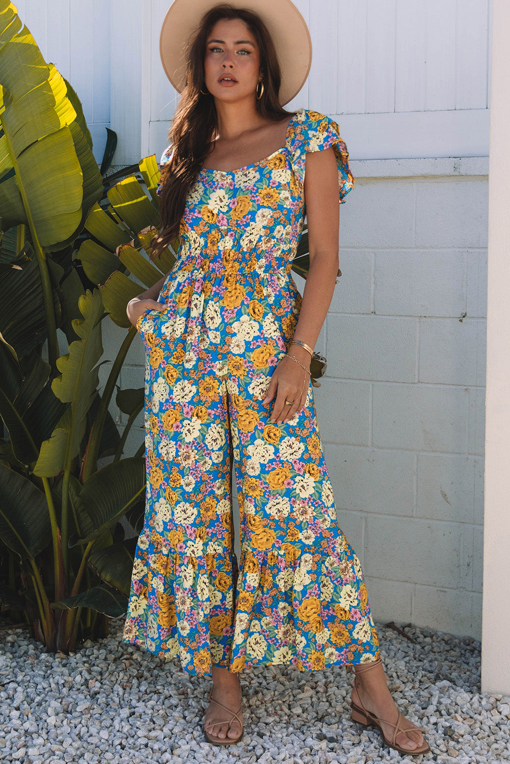 Yellow Floral Allover Print Shirred Cut Out High Waist Jumpsuit