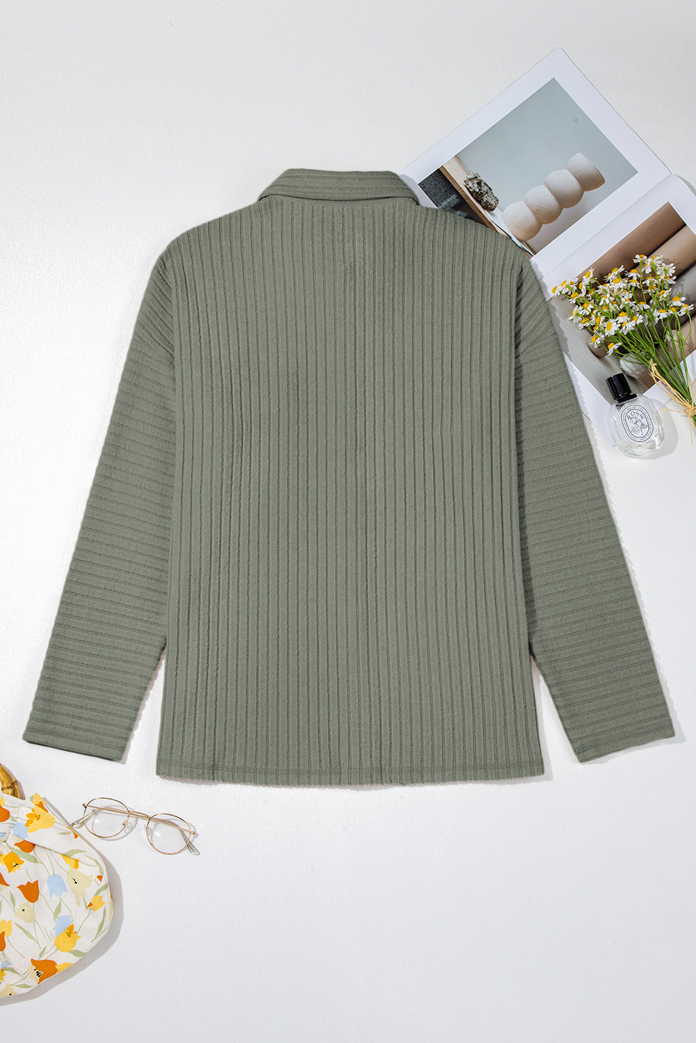 Mist Green Thermal Ribbed Texture Drop Shoulder Button Up Shacket
