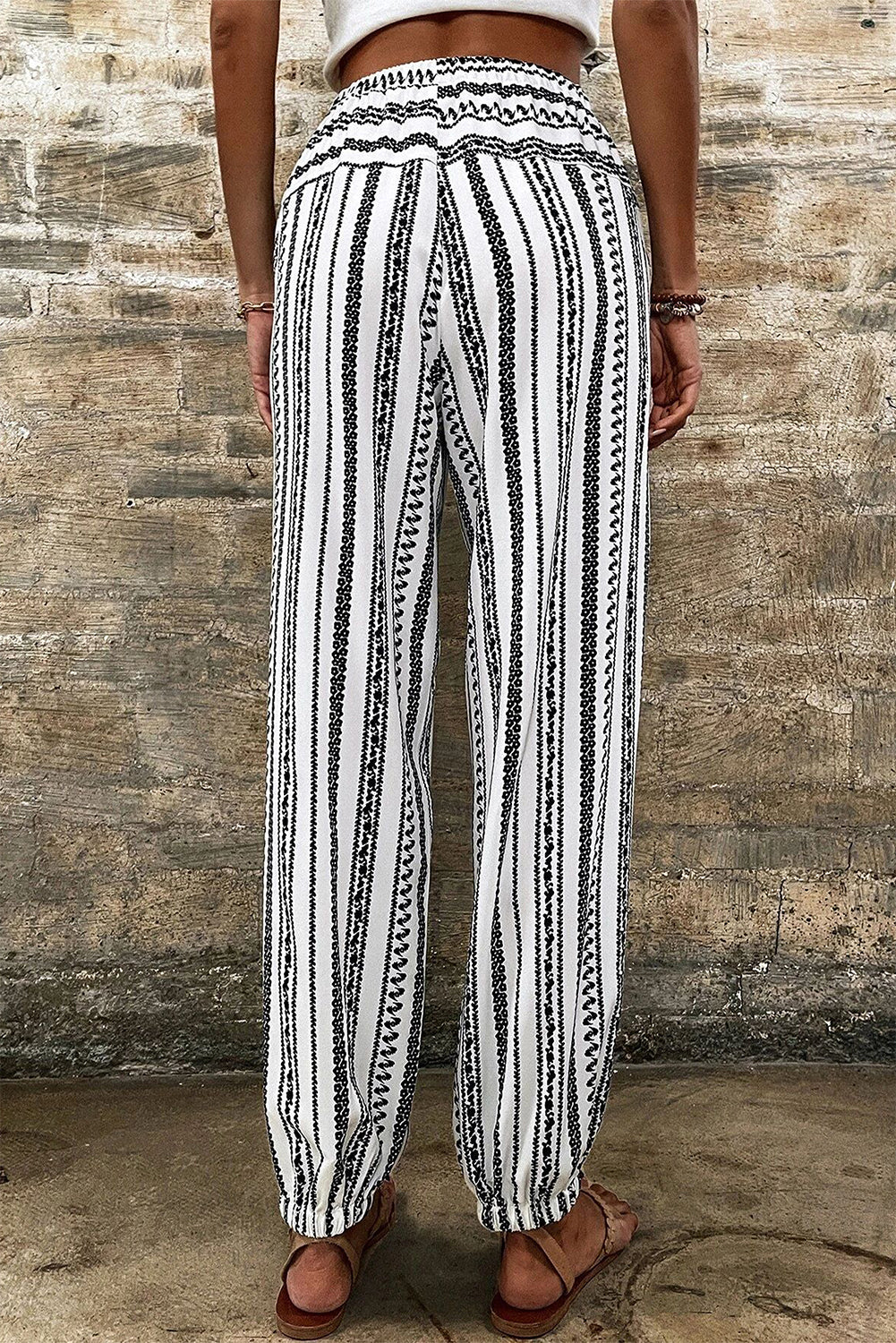 Black Stripe Boho Print Drawstring Elastic Waistband Casual Joggers